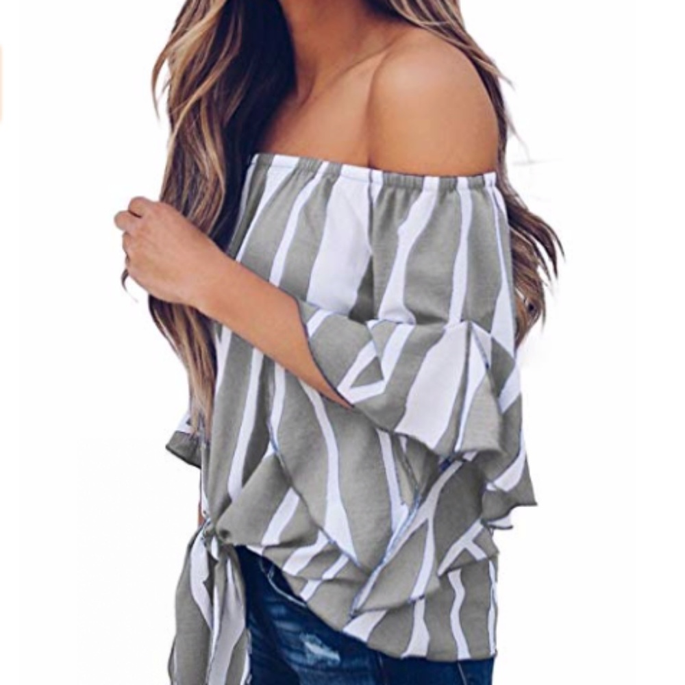 Striped Off Shoulder Bell Sleeve Shirt Tie Knot - Picture 2 of 3